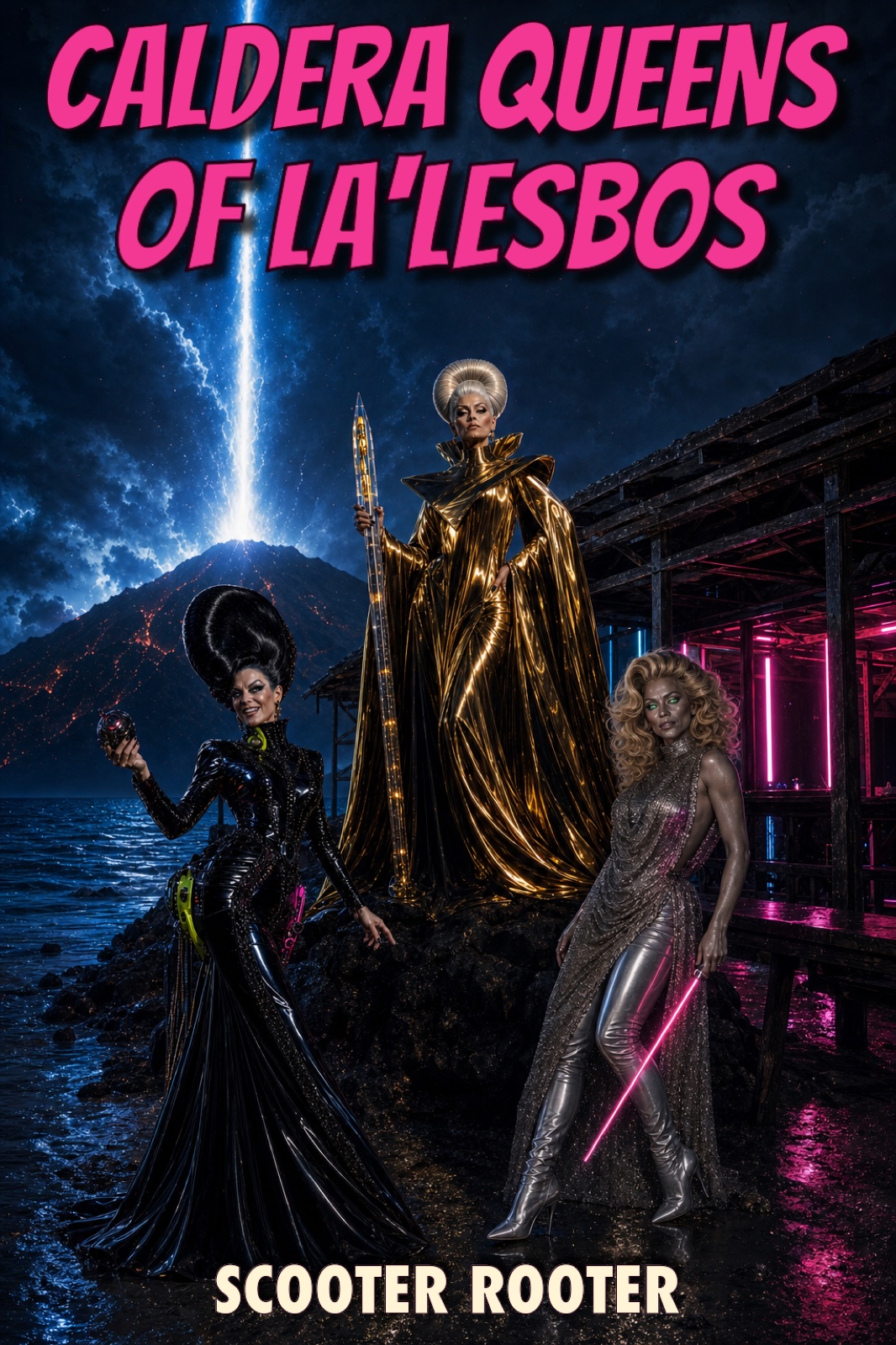 Book cover: The Caldera Queens of La'Lesbos — three glamorous alien drag queens on a volcanic beach beneath a sky-beam.